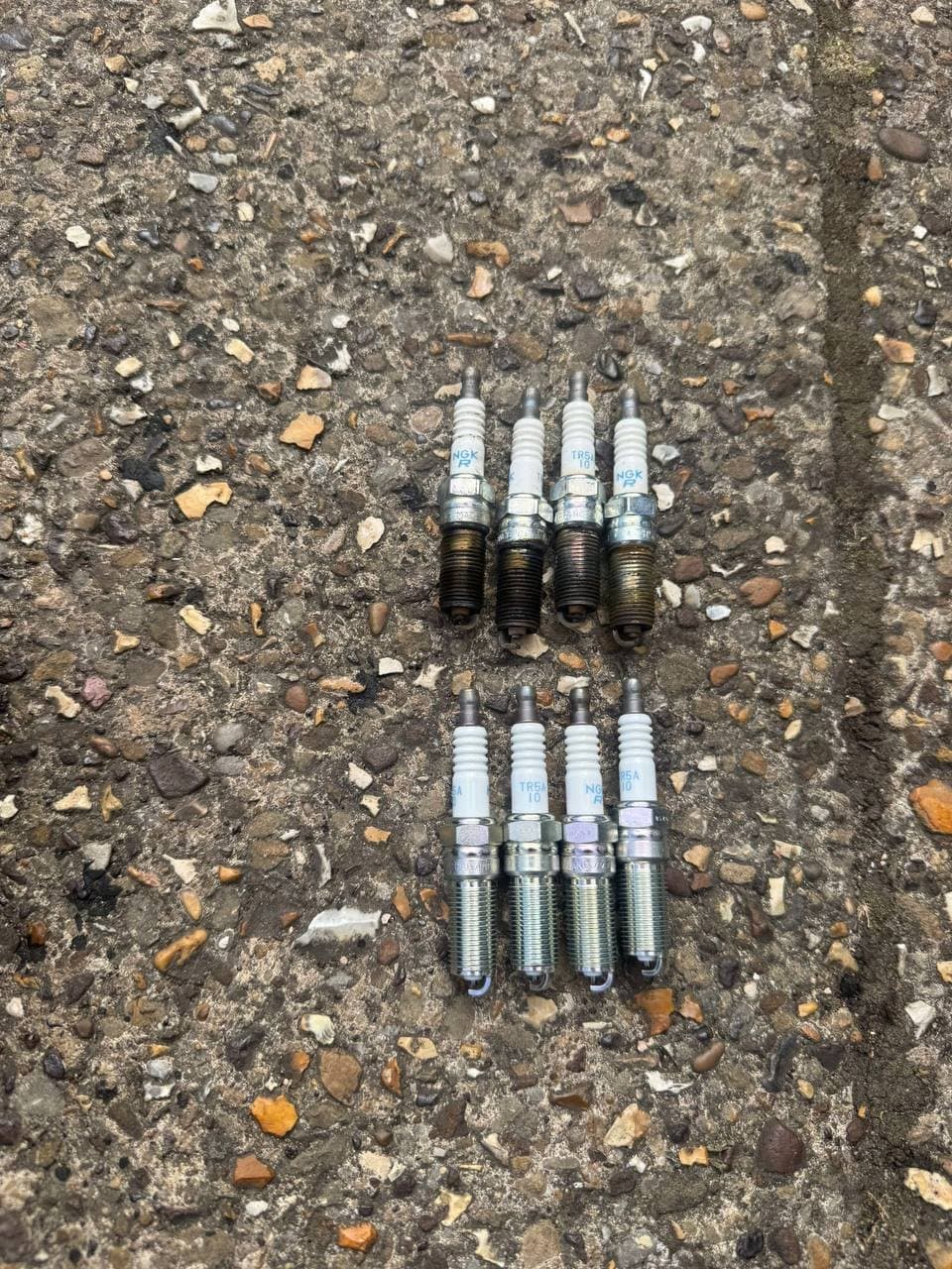 Four sooted NGK spark plugs laid out above the four new ones replacing them