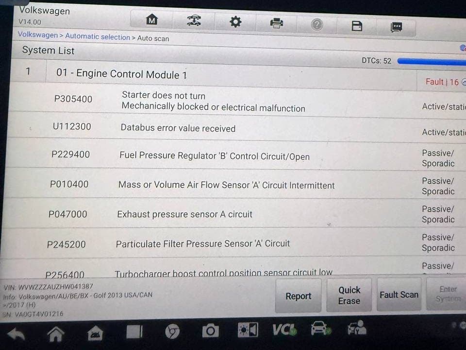 A diagnostic scan tool listing stored engine fault codes on a Volkswagen